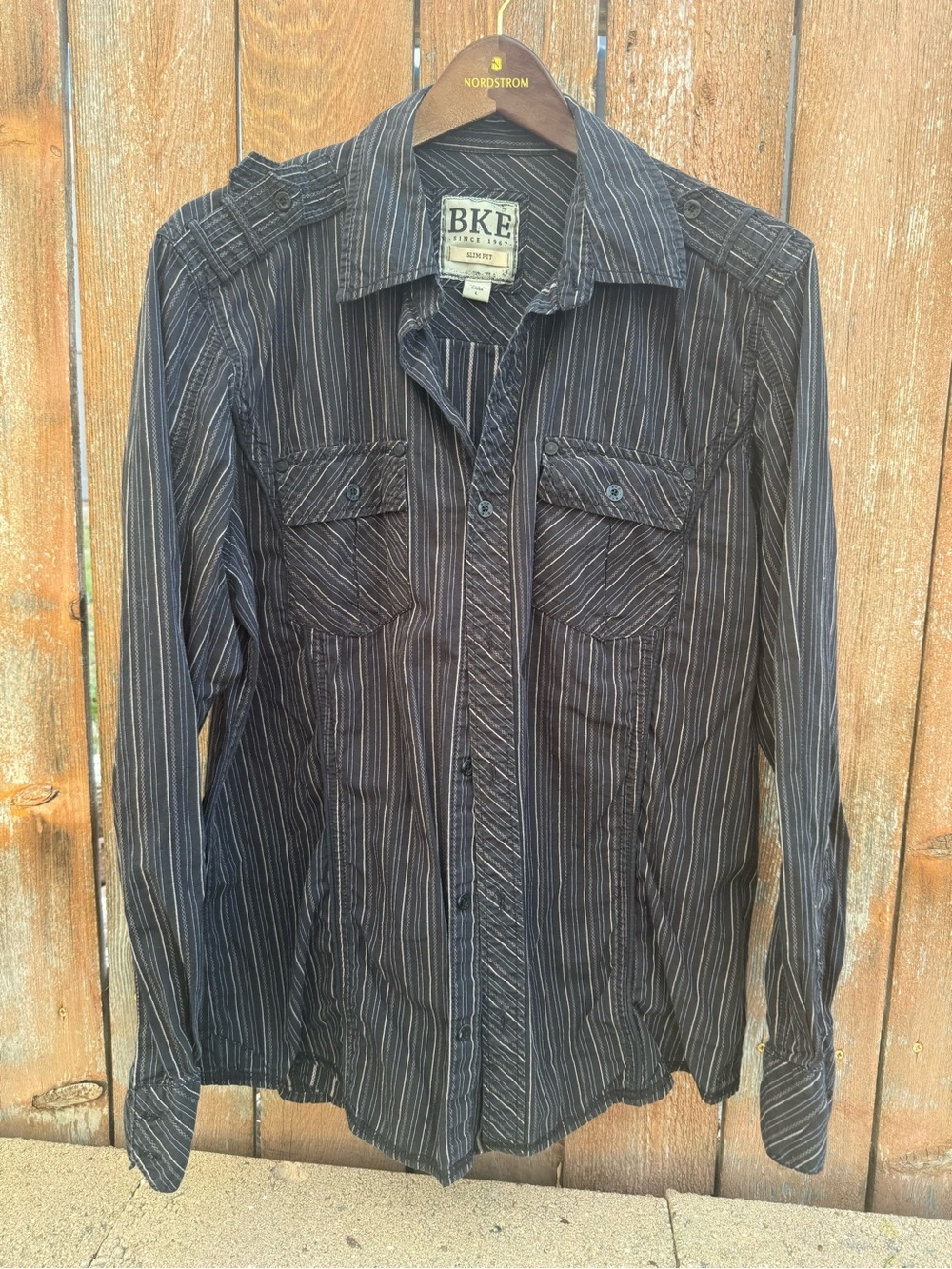 BKE Men’s Black White Striped Slim Fit Button Down Long Sleeve Shirt Size Large